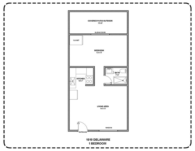 A floor plan layout 1010 Delaware 1 Bedroom
