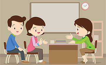 Illustration and a teacher and parents meeting around a desk.