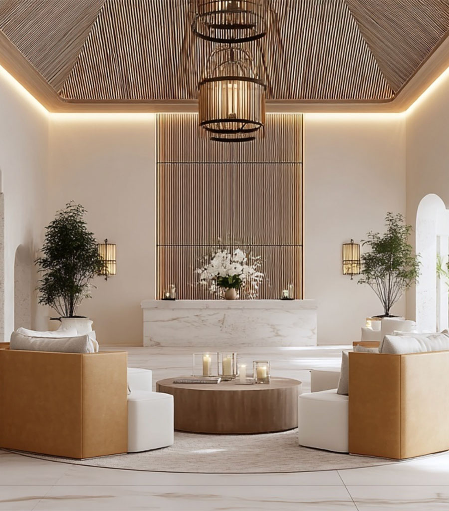 Two chairs in the Coco Reef Lobby featuring a coastal and organic color palette.