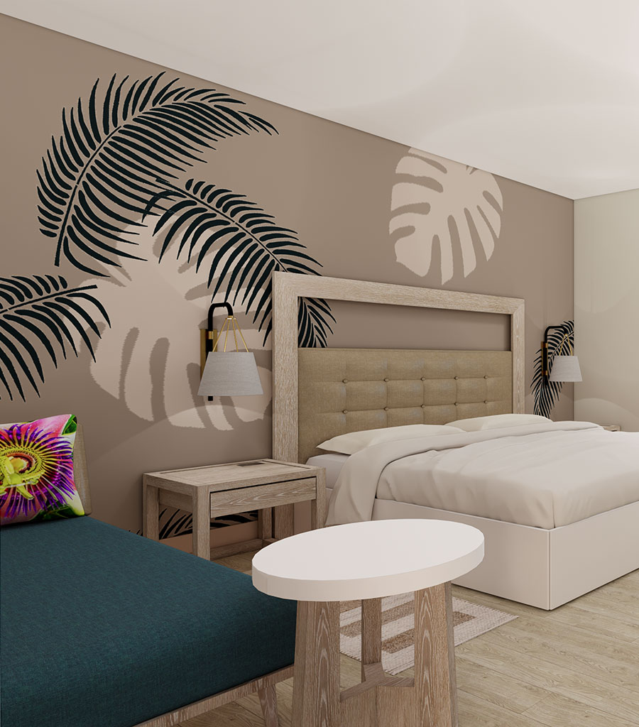 Coco Reef guest room featuring a coastal and organic color palette.