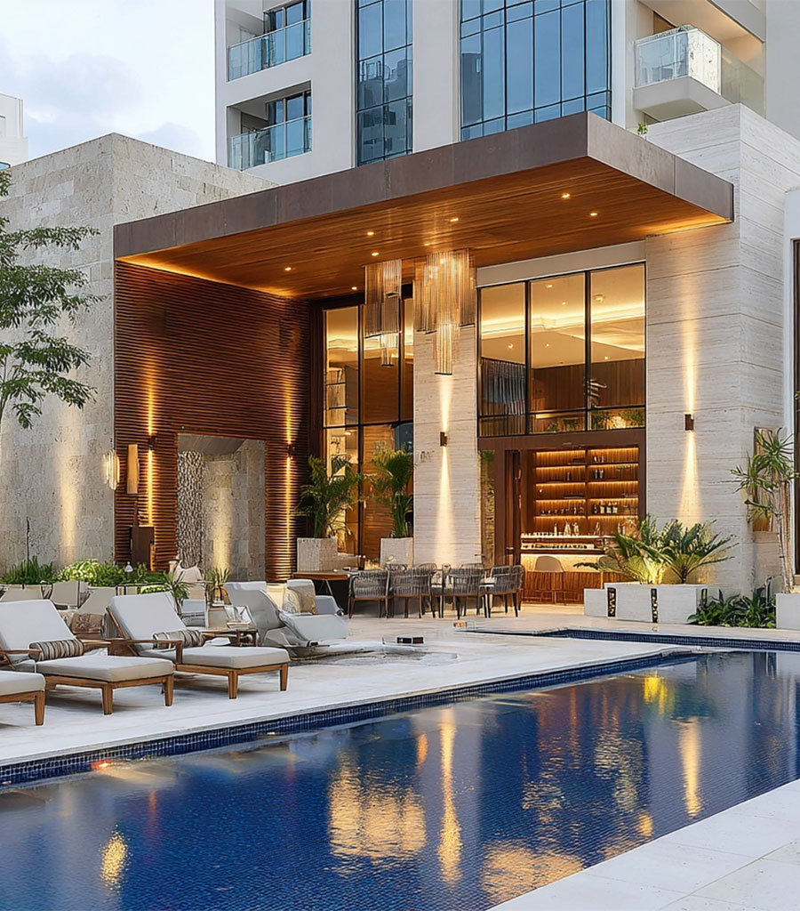 View across the pool with deck loungers and the hotel behind.