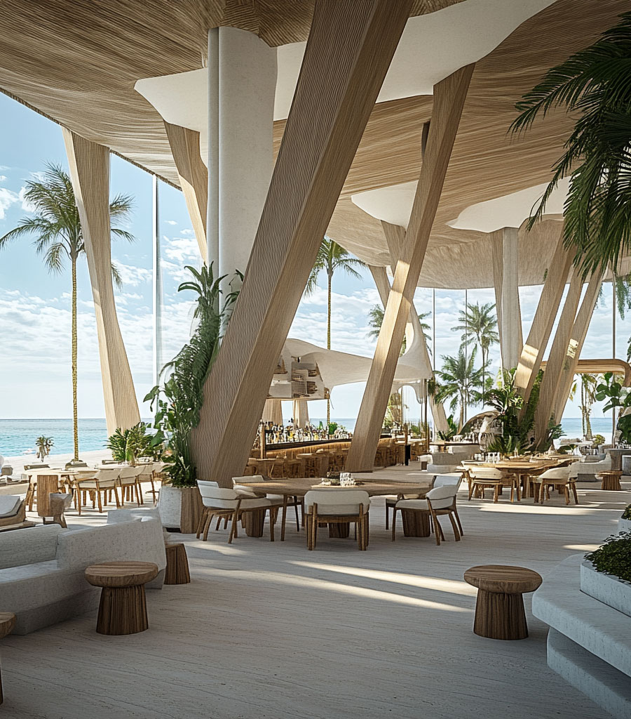 Punta Chame Beach Club Restaurant and Bar featuring cream colored chairs and woodend tables.