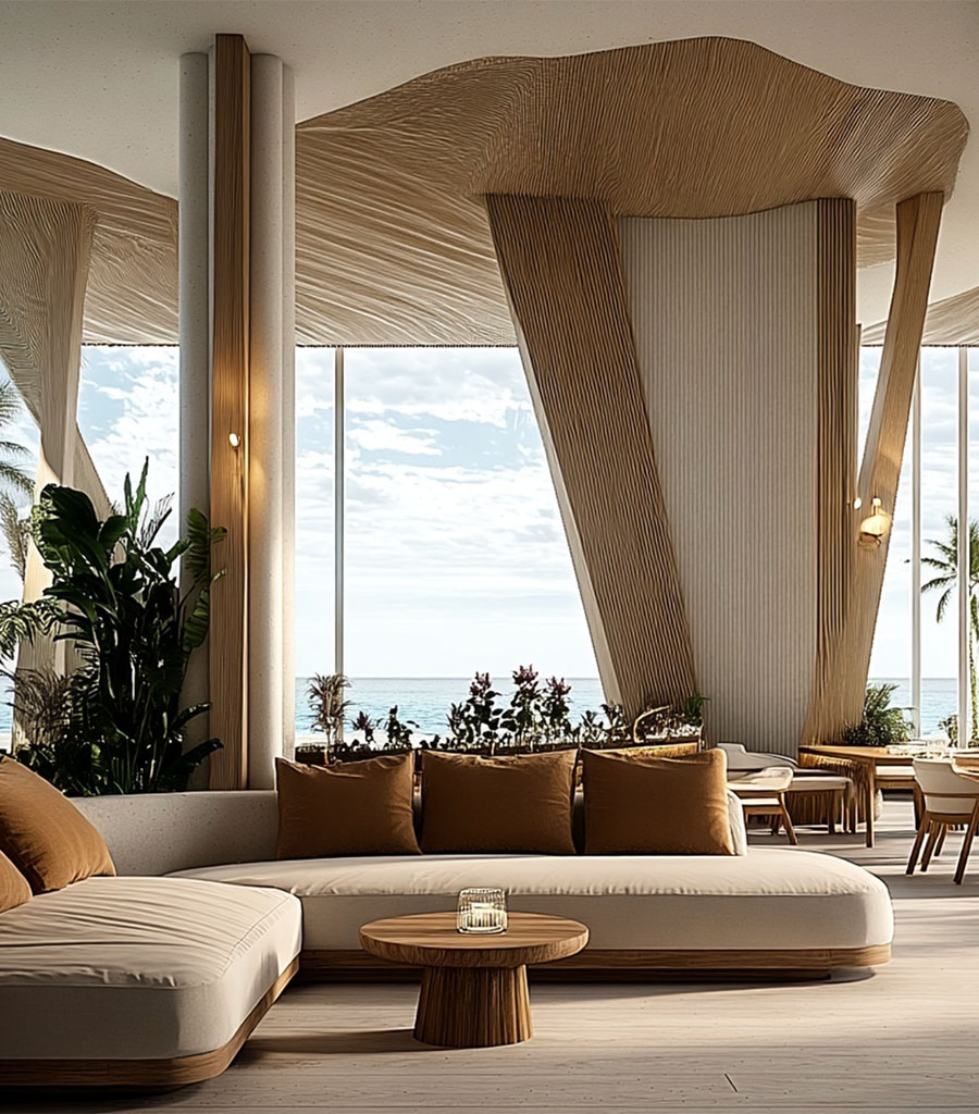 Punta Chame Beach Club Lobby featuring expansive seating in earth tone colors.