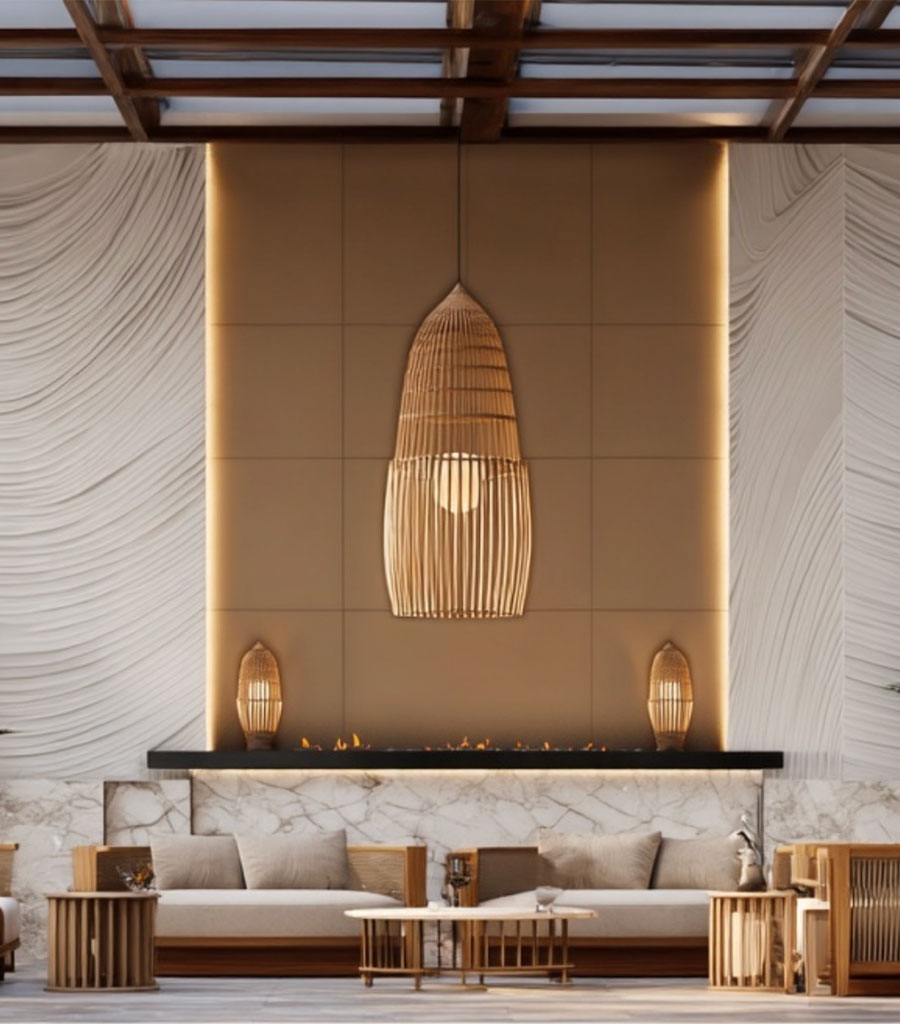 Punta Chame Beach Club Lobby featuring bamboo furnitue and bamboo light fixtures.