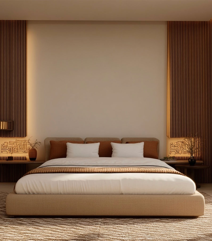 Punta Chame Beach Club Guest Room featuring white linens with earth tone colored accessories.