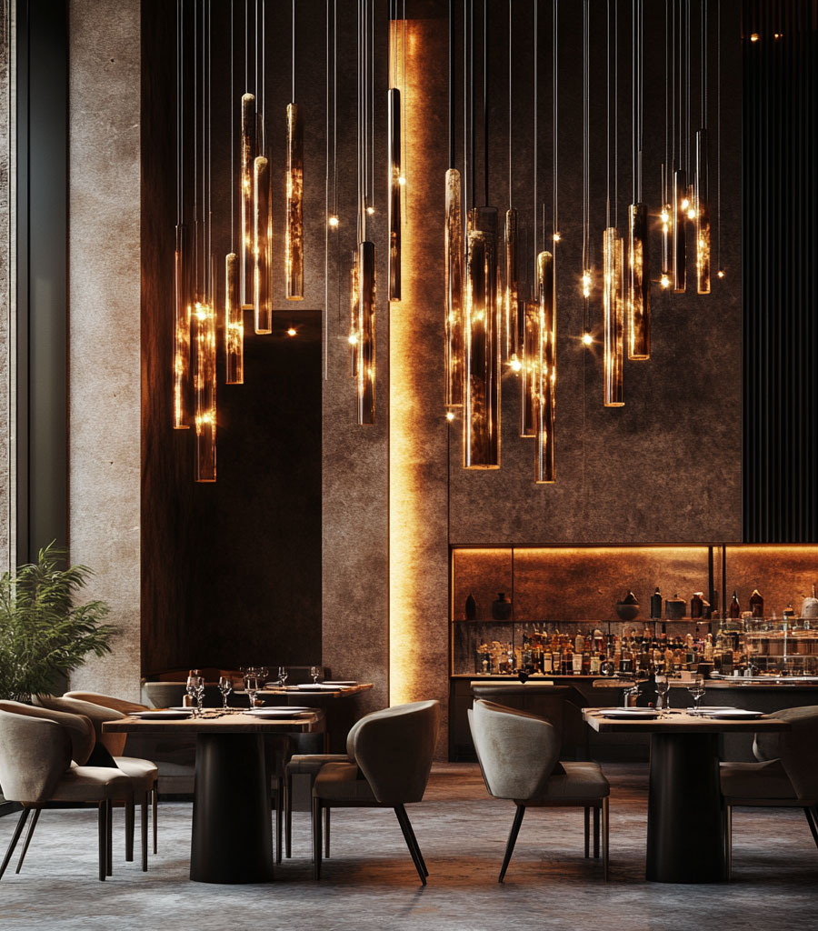 Fine Dining Restauran With Large Gold Chandelier