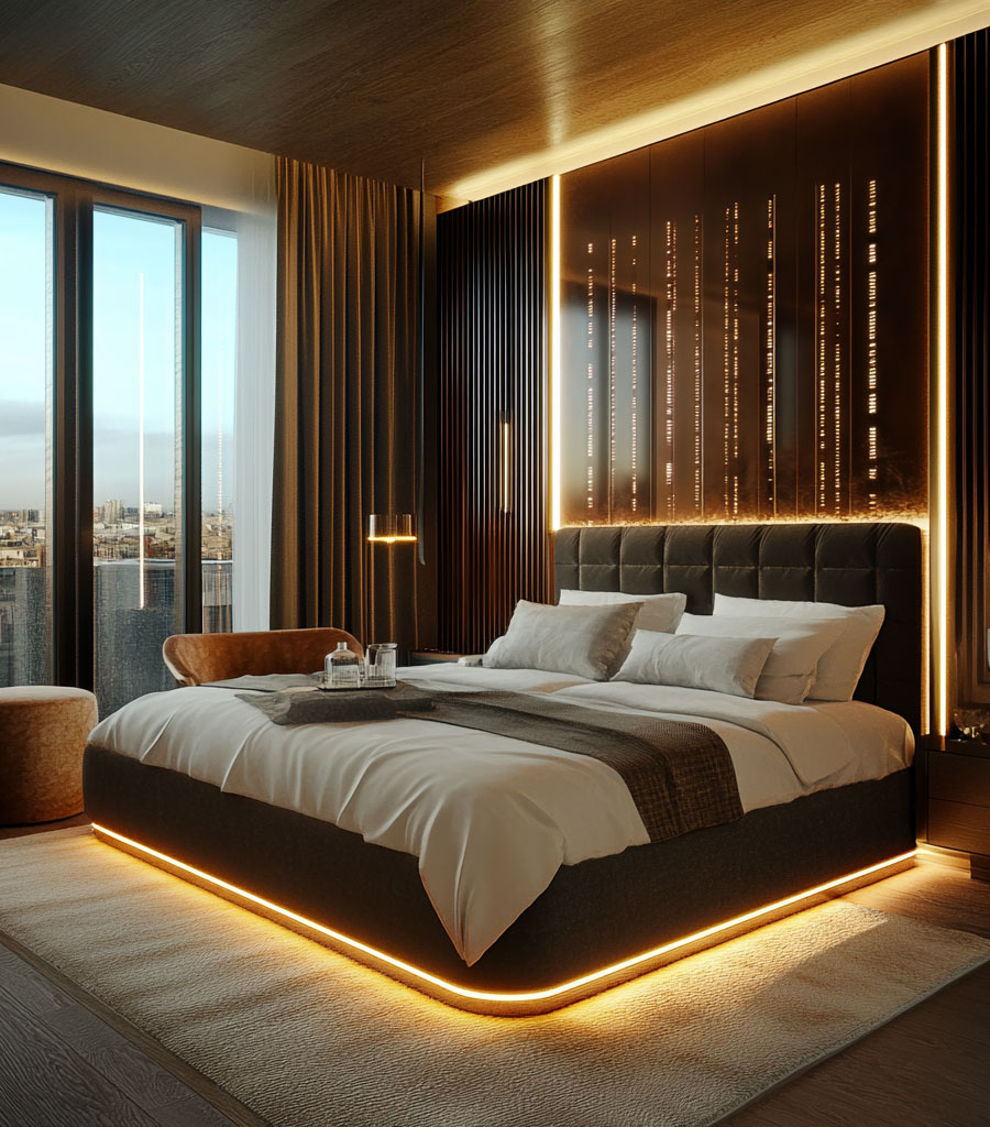Soundscape guest room featuring a platform bed rimmed with lights at the base.