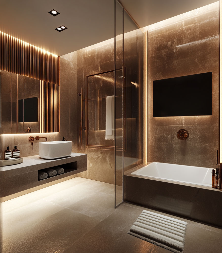 Luxiourious Soundscape bathroom featuring soaking tub and floating vainity.