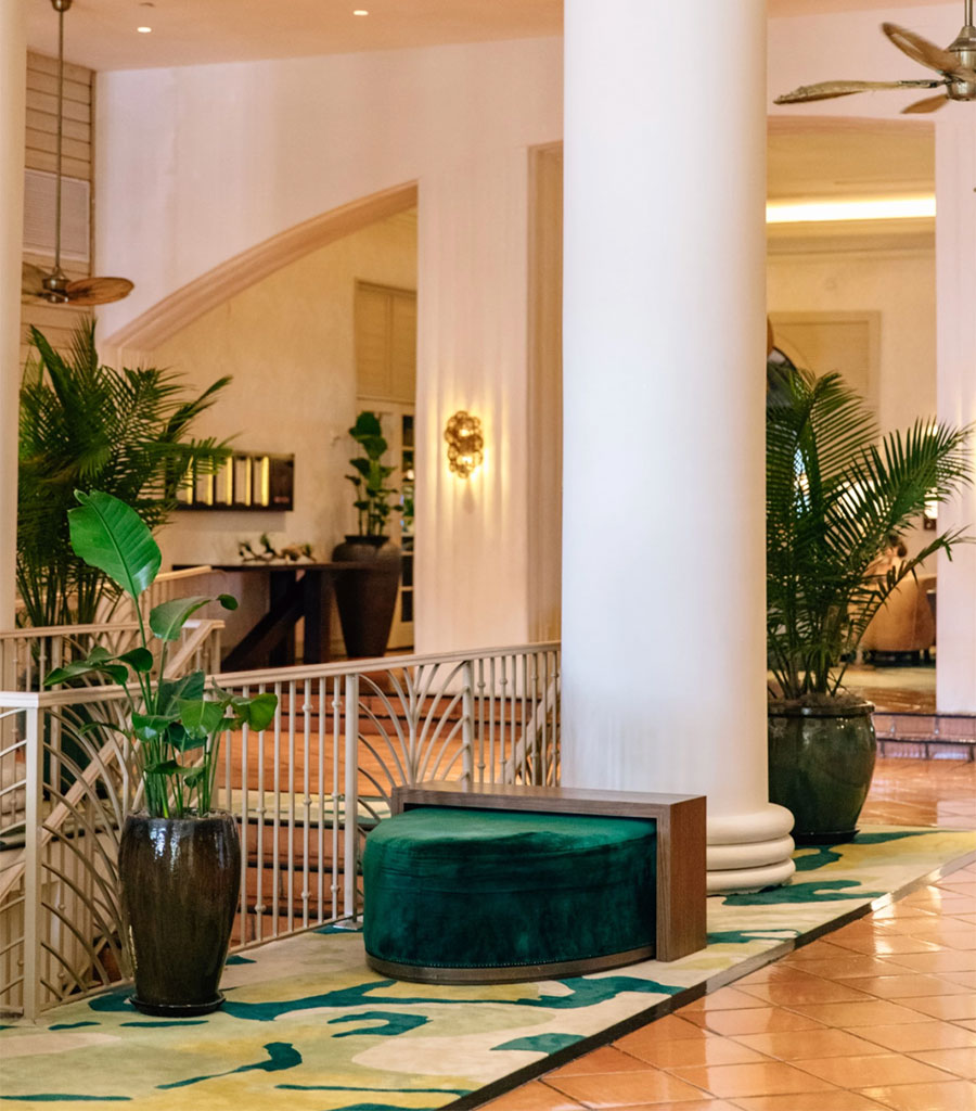 The Palms Hotel Miami arrival area featuring green accents in keeping with the palm motif.