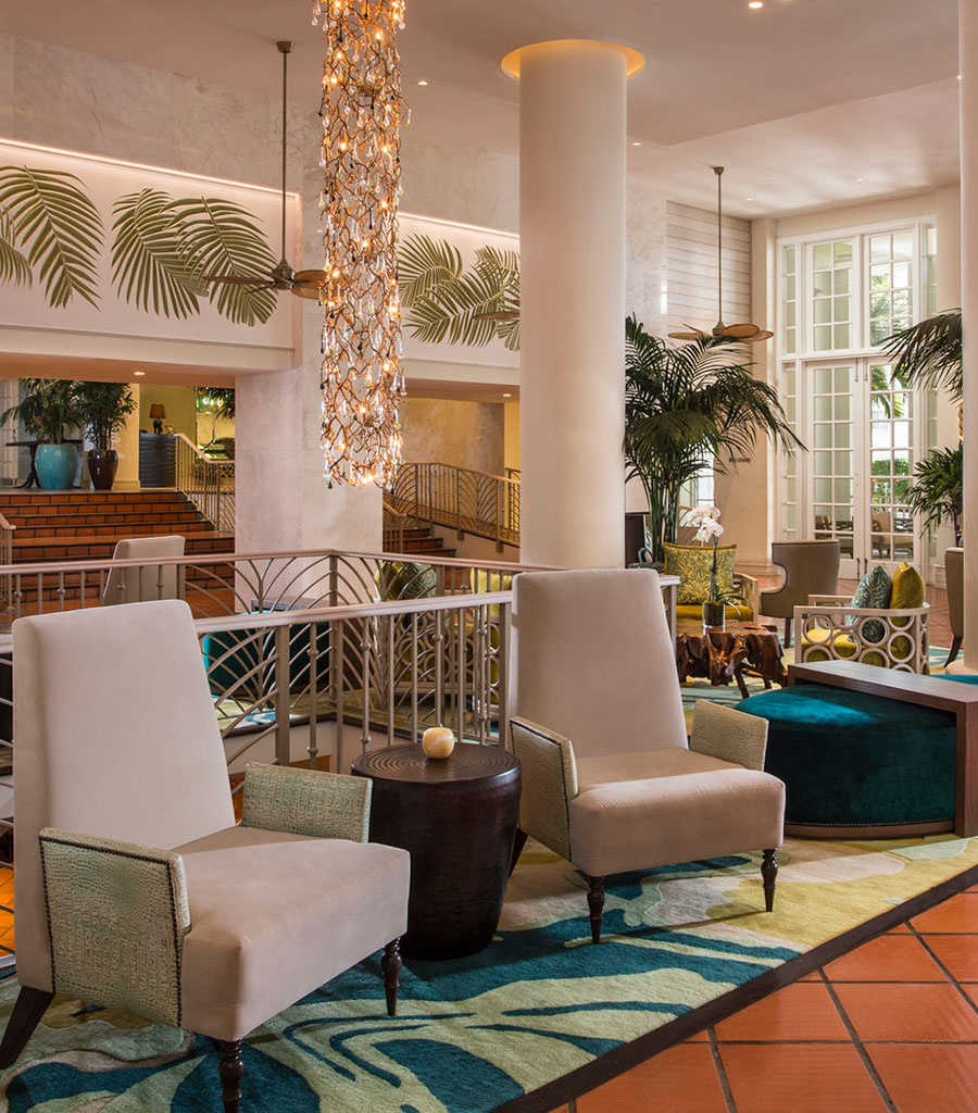 The Palms Hotel Miami Lobby feturing shade of green in keeping with the palm motif.