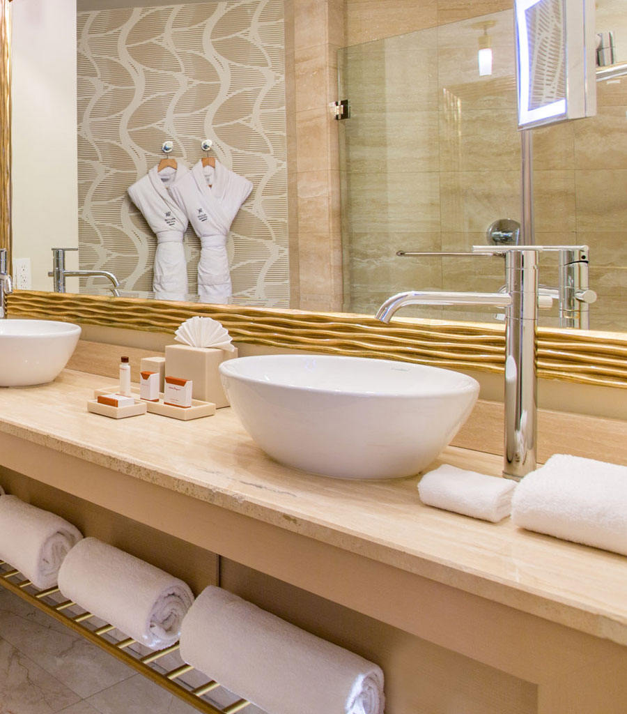 Waldorf Astoria Guest Bath featuring granite countertops with above counter bowl sinks.